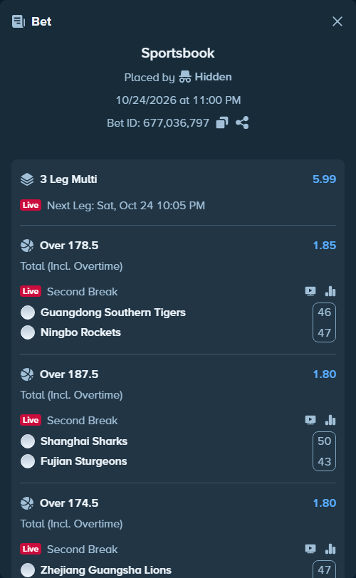 Bet slip: Guangdong Southern Tigers - Ningbo Rockets, $25,020.53 stake at 1.85 odds, placed by Hidden
