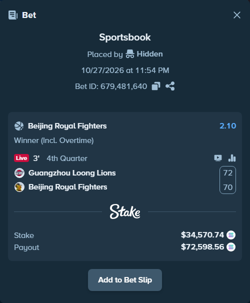 Bet slip: Guangzhou Loong Lions - Beijing Royal Fighters, $34,535.21 stake at 2.10 odds, placed by Prettylfacko98