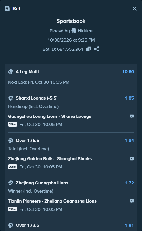 Bet slip: Guangzhou Loong Lions - Shanxi Loongs, $28,683.94 stake at 1.85 odds, placed by Hidden