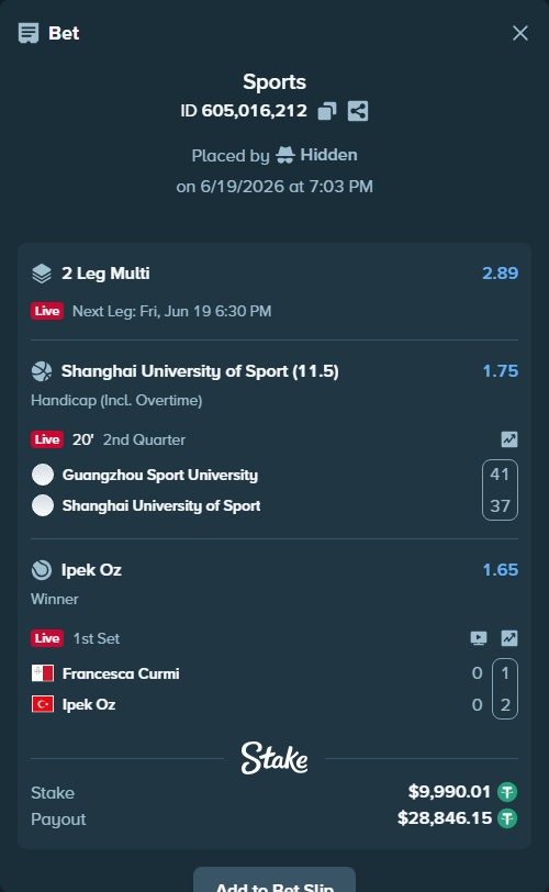 Bet slip: Guangzhou Sport University - Shanghai University of Sport, $10,000.00 stake at 1.75 odds, placed by Hidden