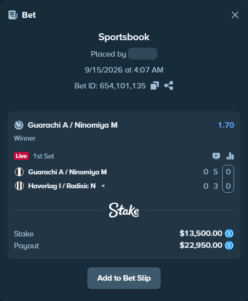 Bet slip: Guarachi A / Ninomiya M - Haverlag I / Radisic N, $13,500.00 stake at 1.70 odds, placed by kuwkuw