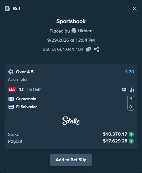 Bet slip: Guatemala - El Salvador, $10,370.17 stake at 1.70 odds, placed by Hidden