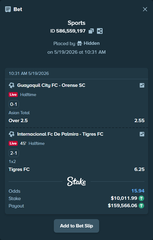 Bet slip: Guayaquil City FC - Orense SC, $10,022.00 stake at 2.55 odds, placed by Hidden