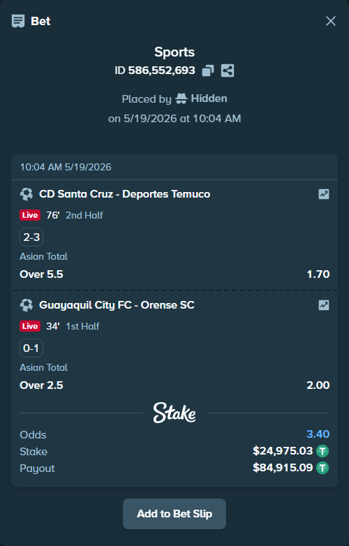Bet slip: Guayaquil City FC - Orense SC, $25,000.00 stake at 2.00 odds, placed by Hidden