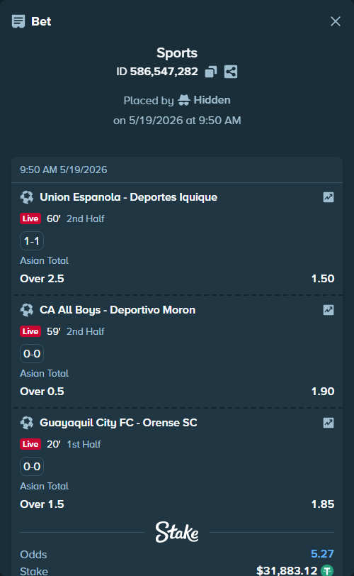 Bet slip: Guayaquil City FC - Orense SC, $31,915.00 stake at 1.85 odds, placed by Hidden