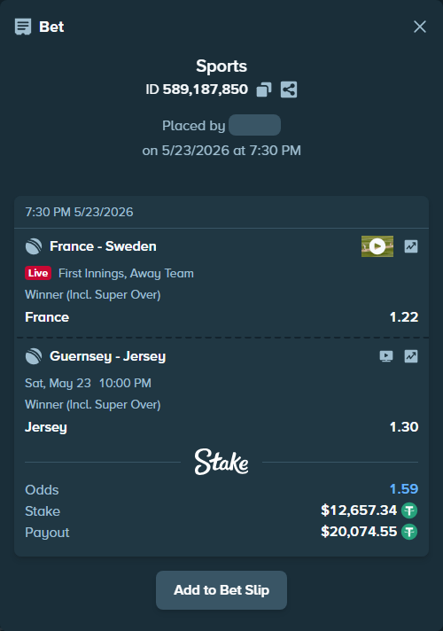 Bet slip: Guernsey - Jersey, $12,670.00 stake at 1.30 odds, placed by mridul365365