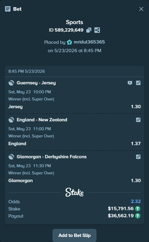 Bet slip: Guernsey - Jersey, $15,807.35 stake at 1.30 odds, placed by mridul365365