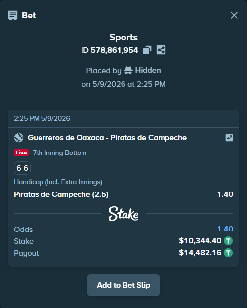 Bet slip: Guerreros de Oaxaca - Piratas de Campeche, $10,344.40 stake at 1.40 odds, placed by Hidden