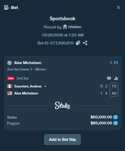 Bet slip: Guerrieri, Andrea - Alex Michelsen, $50,000.00 stake at 1.70 odds, placed by Hidden