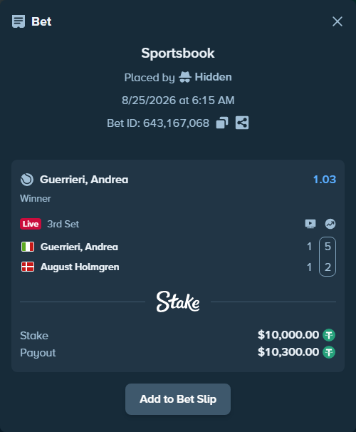 Bet slip: Guerrieri, Andrea - August Holmgren, $10,000.00 stake at 1.03 odds, placed by Hidden