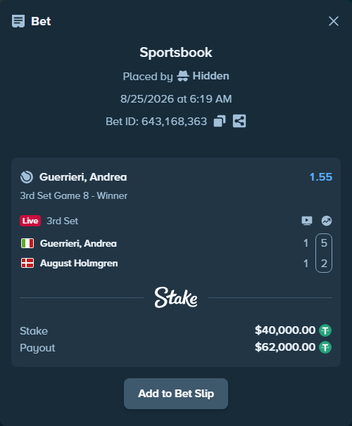Bet slip: Guerrieri, Andrea - August Holmgren, $40,000.00 stake at 1.55 odds, placed by Hidden