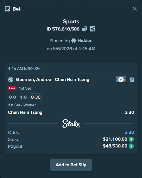 Bet slip: Guerrieri, Andrea - Chun Hsin Tseng, $21,100.00 stake at 2.30 odds, placed by Hidden