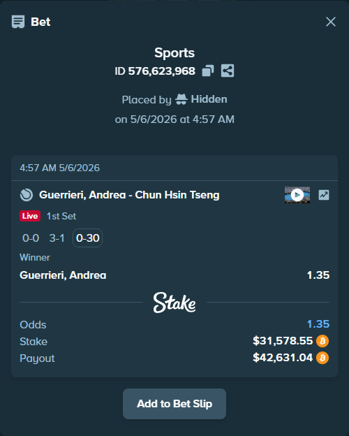 Bet slip: Guerrieri, Andrea - Chun Hsin Tseng, $24,907.27 stake at 1.35 odds, placed by Hidden