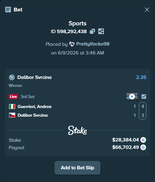 Bet slip: Guerrieri, Andrea - Dalibor Svrcina, $30,880.02 stake at 2.35 odds, placed by Prettylfacko98