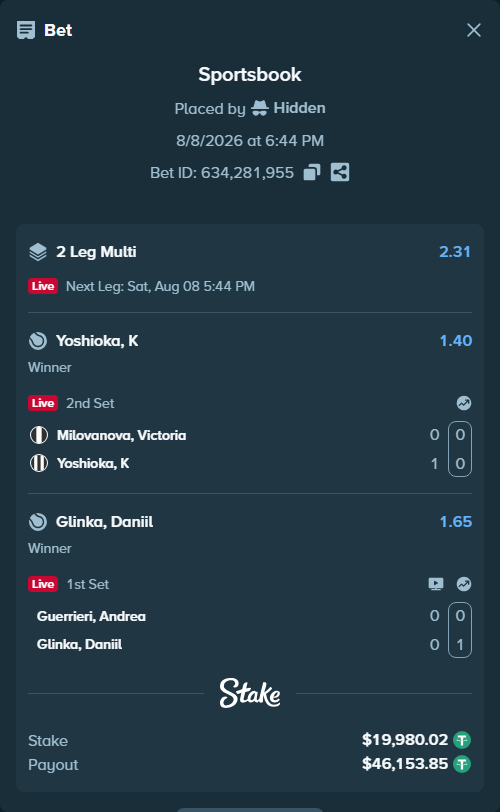 Bet slip: Guerrieri, Andrea - Danill Glinka, $20,000.00 stake at 1.65 odds, placed by Hidden