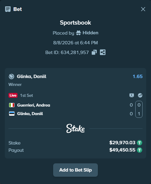 Bet slip: Guerrieri, Andrea - Danill Glinka, $30,000.00 stake at 1.65 odds, placed by Hidden