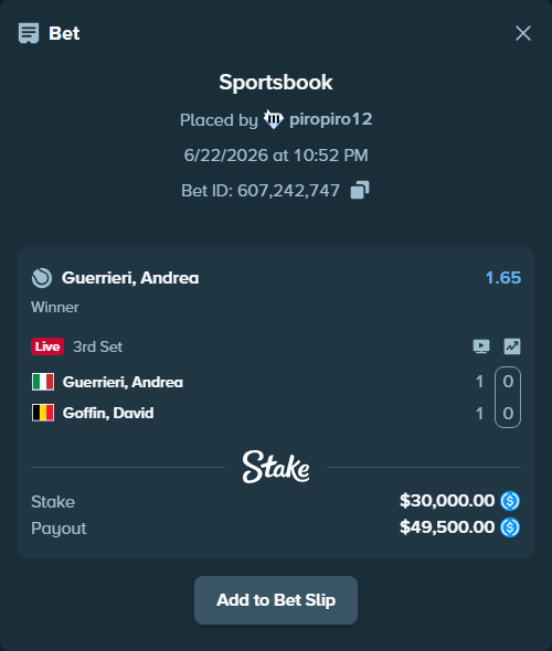 Bet slip: Guerrieri, Andrea - Goffin, David, $30,000.00 stake at 1.65 odds, placed by piropiro12