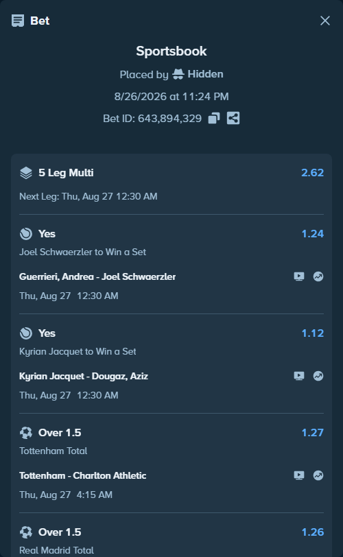 Bet slip: Guerrieri, Andrea - Joel Schwaerzler, $23,203.16 stake at 1.24 odds, placed by Hidden