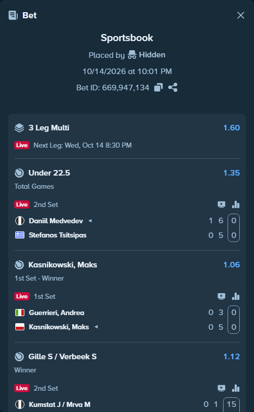 Bet slip: Guerrieri, Andrea - Kasnikowski, Maks, $10,010.00 stake at 1.06 odds, placed by OVOPhantuums