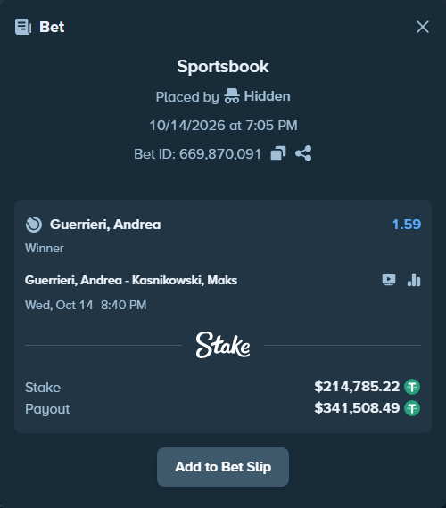 Bet slip: Guerrieri, Andrea - Kasnikowski, Maks, $215,000.00 stake at 1.59 odds, placed by Hidden