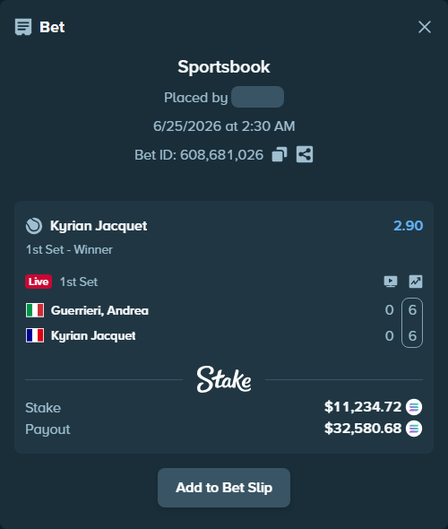 Bet slip: Guerrieri, Andrea - Kyrian Jacquet, $12,459.13 stake at 2.90 odds, placed by Prettylfacko98