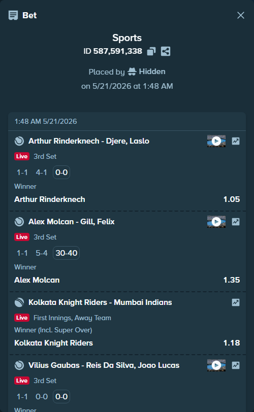 Bet slip: Guerrieri, Andrea - Piraino, Gabriele, $10,000.00 stake at 1.37 odds, placed by Hidden