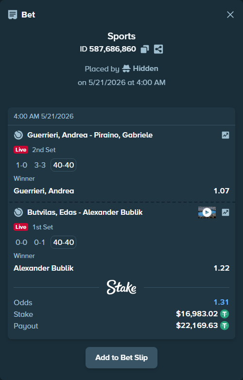 Bet slip: Guerrieri, Andrea - Piraino, Gabriele, $17,000.00 stake at 1.07 odds, placed by Hidden