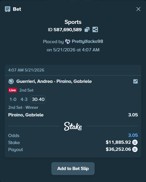 Bet slip: Guerrieri, Andrea - Piraino, Gabriele, $10,104.08 stake at 3.05 odds, placed by Prettylfacko98