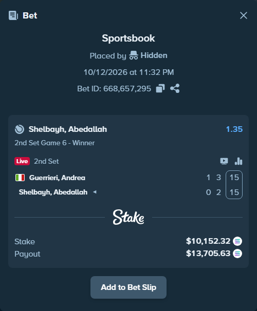 Bet slip: Guerrieri, Andrea - Shelbayh, Abdullah, $10,120.56 stake at 1.35 odds, placed by Prettylfacko98