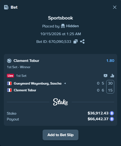 Bet slip: Gueymard Wayenburg, Sascha - Clement Tabur, $37,115.18 stake at 1.80 odds, placed by Hidden