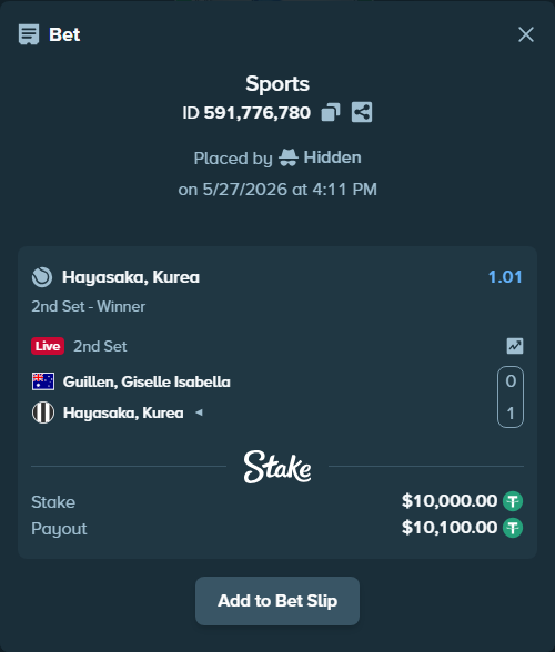 Bet slip: Guillen, Giselle Isabella - Hayasaka, Kurea, $10,010.00 stake at 1.01 odds, placed by Hidden