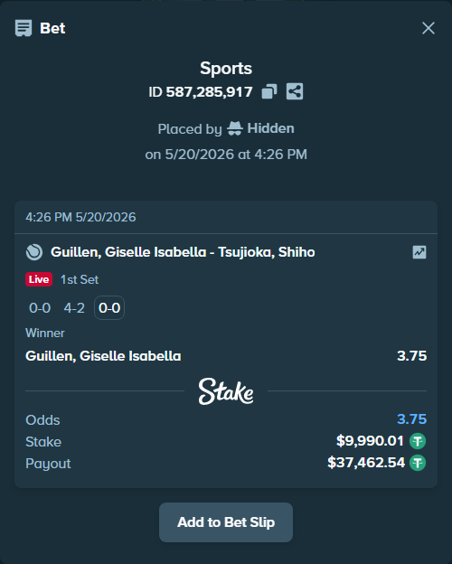 Bet slip: Guillen, Giselle Isabella - Tsujioka, Shiho, $10,000.00 stake at 3.75 odds, placed by Hidden