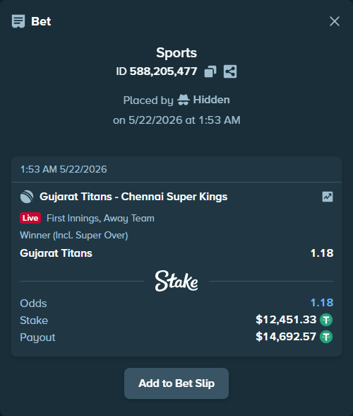 Bet slip: Gujarat Titans - Chennai Super Kings, $12,463.78 stake at 1.18 odds, placed by Hidden