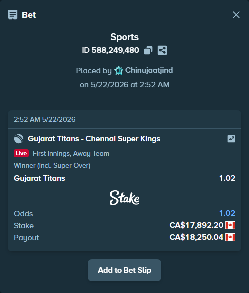 Bet slip: Gujarat Titans - Chennai Super Kings, $13,240.23 stake at 1.02 odds, placed by Chinujaatjind