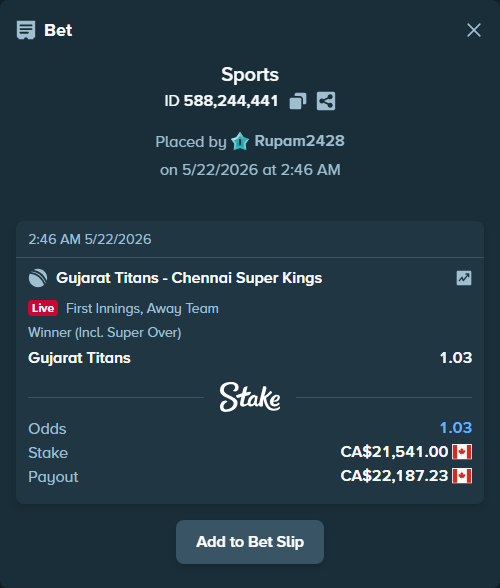 Bet slip: Gujarat Titans - Chennai Super Kings, $15,940.34 stake at 1.03 odds, placed by Rupam2428