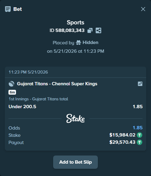 Bet slip: Gujarat Titans - Chennai Super Kings, $16,000.00 stake at 1.85 odds, placed by Hidden