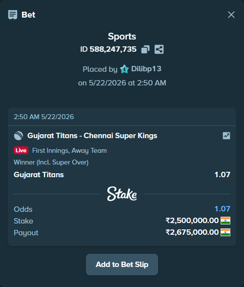 Bet slip: Gujarat Titans - Chennai Super Kings, $30,000.00 stake at 1.07 odds, placed by Dilibp13
