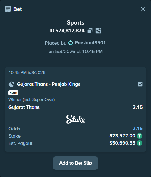 Bet slip: Gujarat Titans - Punjab Kings, $23,577.00 stake at 2.15 odds, placed by Prashant8501