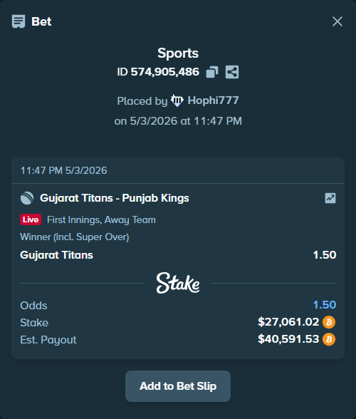 Bet slip: Gujarat Titans - Punjab Kings, $22,109.51 stake at 1.50 odds, placed by Hophi777
