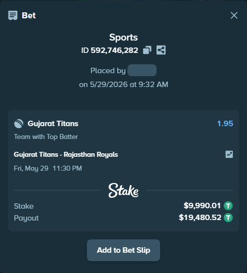 Bet slip: Gujarat Titans - Rajasthan Royals, $10,000.00 stake at 1.95 odds, placed by Riot121