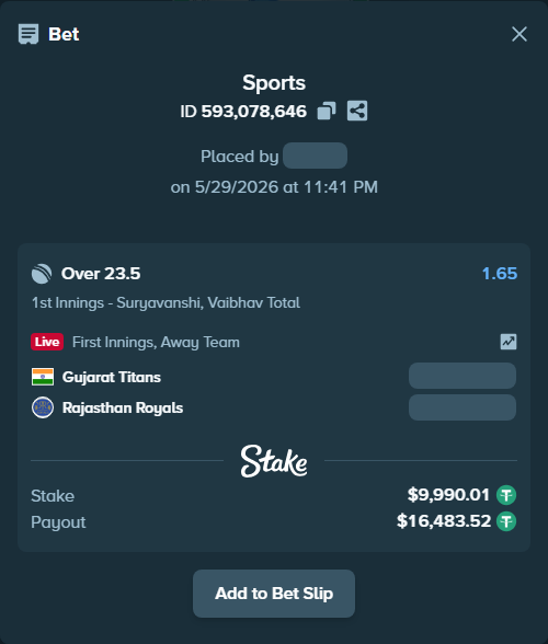 Bet slip: Gujarat Titans - Rajasthan Royals, $10,000.00 stake at 1.65 odds, placed by Introspection9