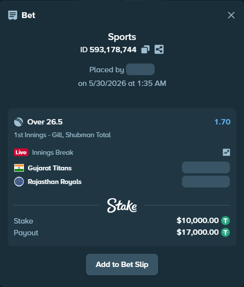 Bet slip: Gujarat Titans - Rajasthan Royals, $10,010.00 stake at 1.70 odds, placed by AsTraL11