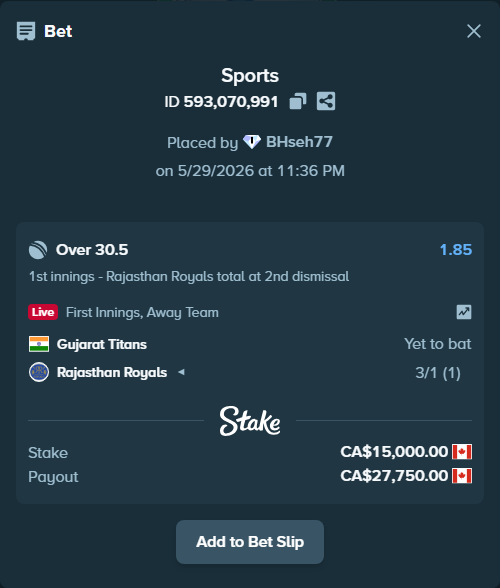 Bet slip: Gujarat Titans - Rajasthan Royals, $11,100.00 stake at 1.85 odds, placed by BHseh77