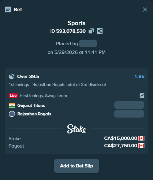 Bet slip: Gujarat Titans - Rajasthan Royals, $11,100.00 stake at 1.85 odds, placed by BHseh77