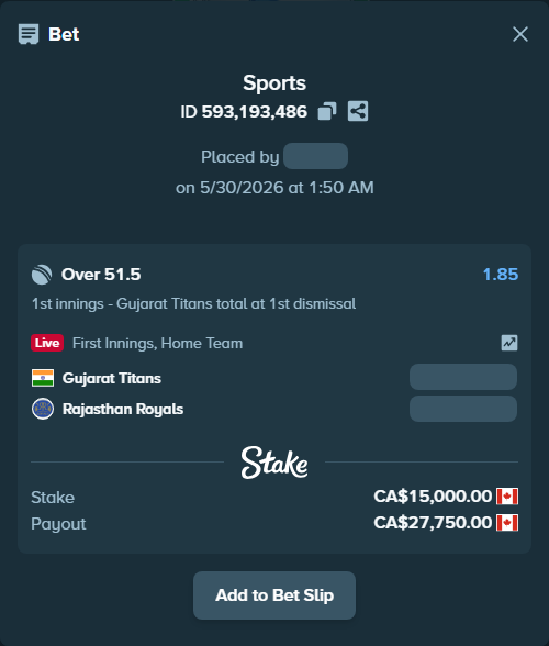 Bet slip: Gujarat Titans - Rajasthan Royals, $11,100.00 stake at 1.85 odds, placed by BHseh77