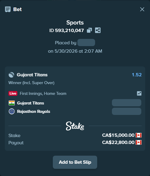 Bet slip: Gujarat Titans - Rajasthan Royals, $11,100.00 stake at 1.52 odds, placed by Rupam2428