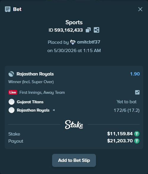 Bet slip: Gujarat Titans - Rajasthan Royals, $11,171.00 stake at 1.90 odds, placed by amitcbtf37