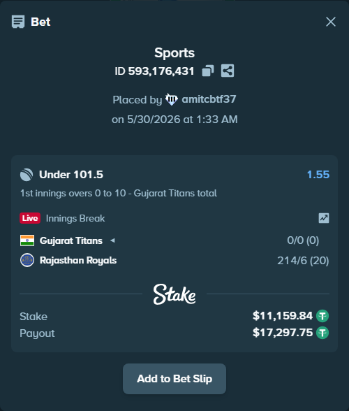 Bet slip: Gujarat Titans - Rajasthan Royals, $11,171.00 stake at 1.55 odds, placed by amitcbtf37