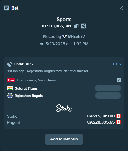 Bet slip: Gujarat Titans - Rajasthan Royals, $11,358.26 stake at 1.85 odds, placed by BHseh77