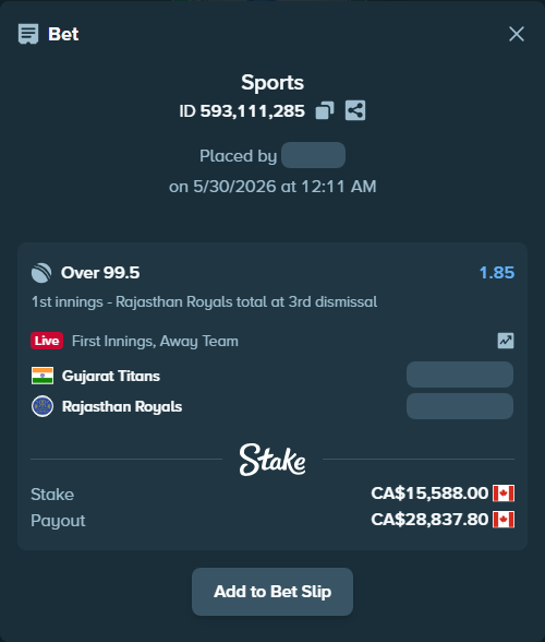 Bet slip: Gujarat Titans - Rajasthan Royals, $11,535.12 stake at 1.85 odds, placed by BHseh77